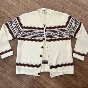Vintage 70s White Ram Nordic Cardigan Sweater XL | Cream Brown Fair Isle Knit